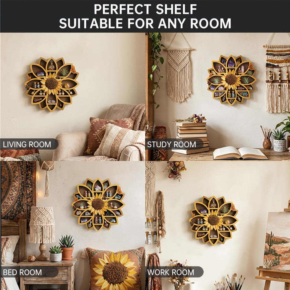 Wooden Sunflower Floating Shelf Wall-Mounted UV Printed Spiritual Decor – Crystal & Essential Oil Organizer, Meditation Room Wall Art, Living Room Storage Shelf