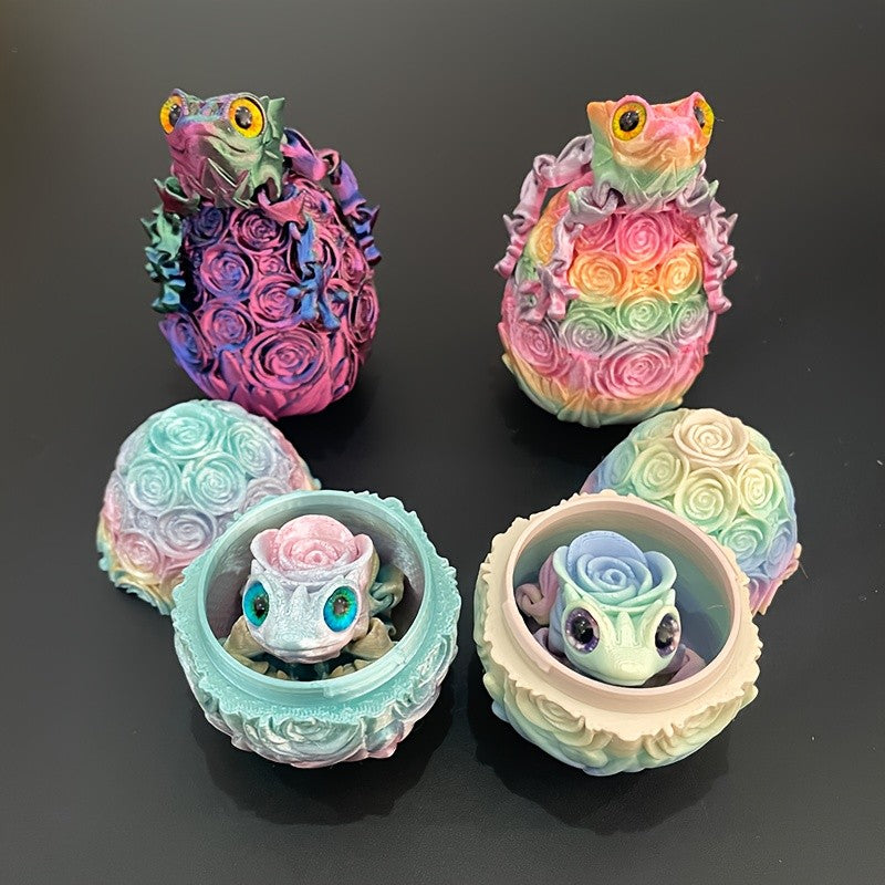3D Printed Rose Frog & Rose Egg Statue Ornaments Set of 4 – Multicolor Desktop Decoration Figurines for Home Office Party Car Display, Unique Gift for Friends & Family, Random Color