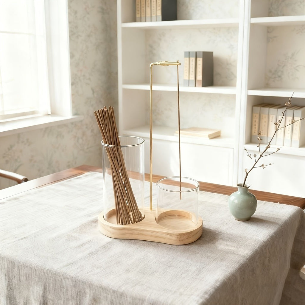 4-Piece Minimalist Glass Incense Holder Set with Wooden Base – Transparent Zen Style Ash Catcher for Yoga, Meditation & Home Decor