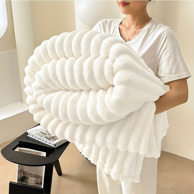 Luxury Faux Rabbit Hair Blanket – Soft Warm Wide Stripe Double-Sided Throw | Machine Washable | Twin, Full, Queen & King | Khaki, Cream, Gray, Black