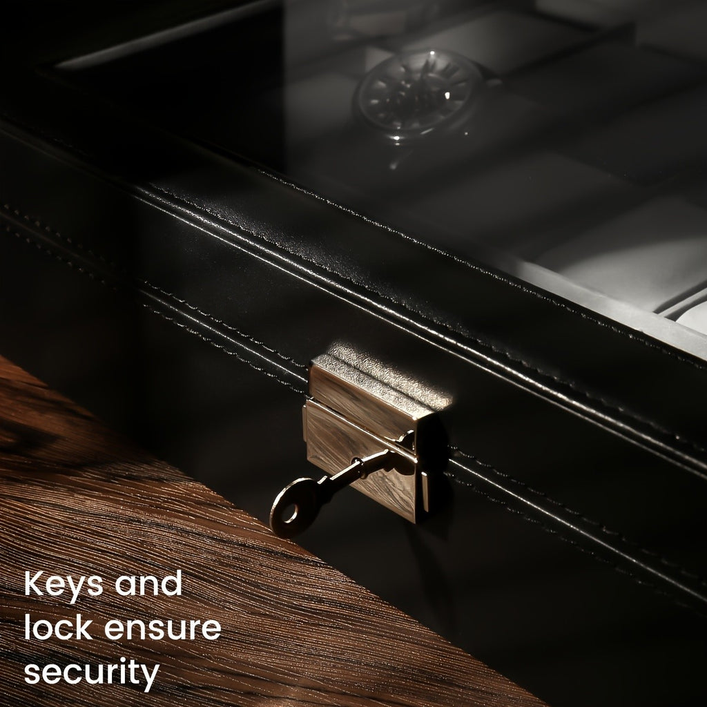 24-Slot Watch Box Organizer with Large Glass Lid & Key Lock, Faux Leather Watch Display Case for Men & Women, Tabletop Jewelry Storage Box for Watches, Wristwatch Collection Gift