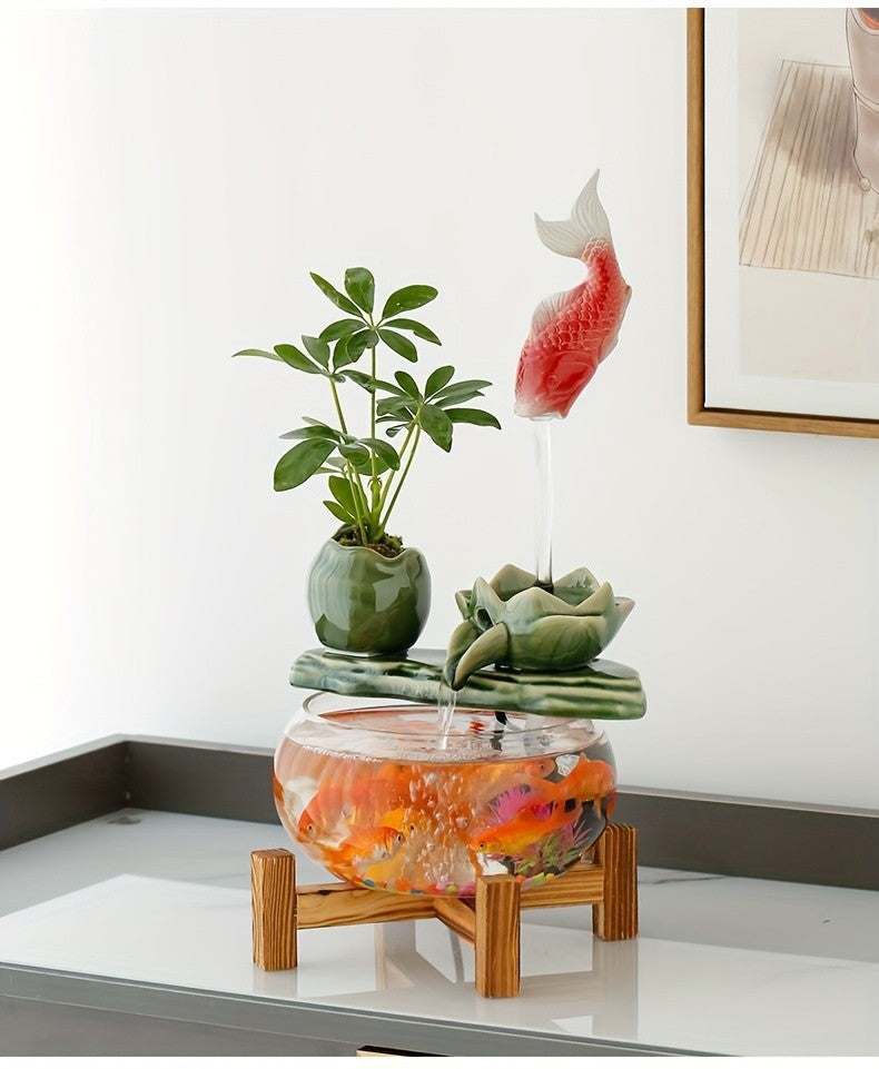 USB Powered Glass & Ceramic Fish Waterfall Desktop Fountain – Hanging Goldfish Design, Decorative Water Feature with Glass Fish & Plants for Living Room, Office & Zen Decor, Unique Gift
