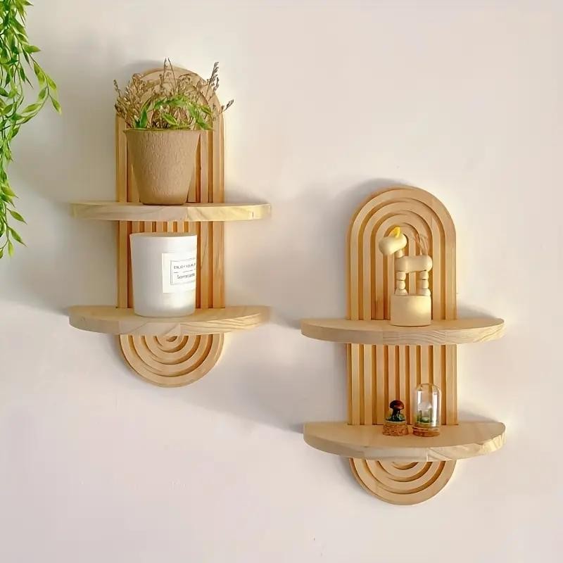 Boho Farmhouse Wood Floating Wall Shelves – 2-Layer Arc Design Wall-Mounted Storage Rack for Books, Plants & Decor in Bedroom, Bathroom, Kitchen & Living Room