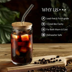 Mason Jar Drinking Glasses Set of 16 with Lids, Straws & Brushes - 18.7oz 550ml Reusable Glass Cups for Iced Coffee Water Family Gatherings