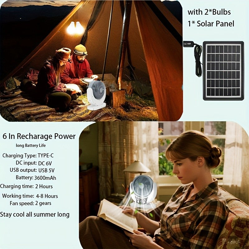 Portable Solar-Powered LED Camping Fan with USB Charging – Foldable 3-in-1 Fan, Light & USB Charger for Outdoor Adventures, Camping & Desktop Use