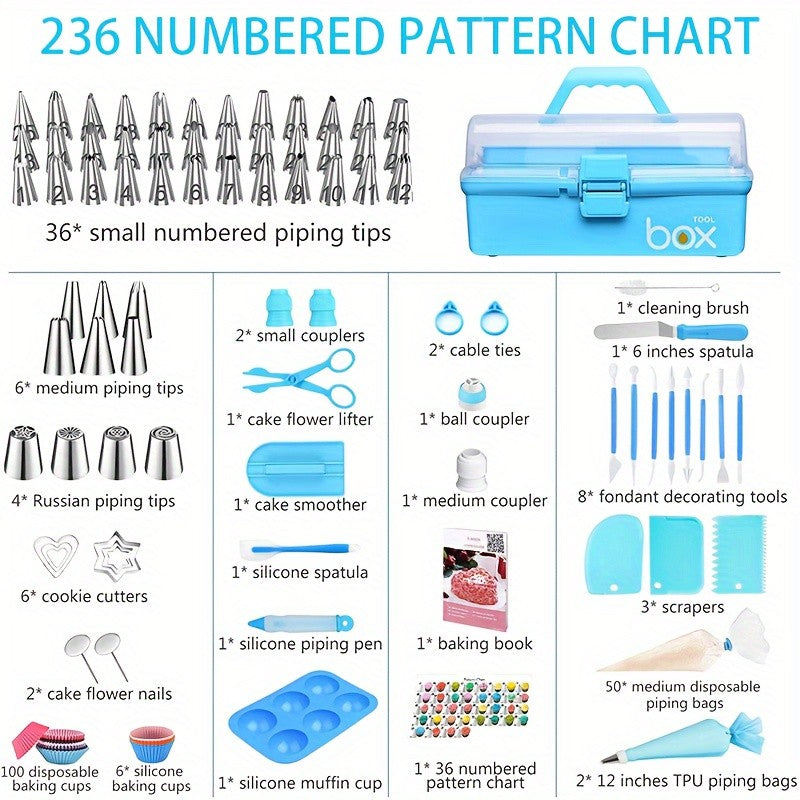Cake Decorating Kit 236 & 386 Piece Piping Tips Set Stainless Steel Frosting Nozzles with Russian Tips Pastry Bags - Complete Baking Decorating Tools for Beginners