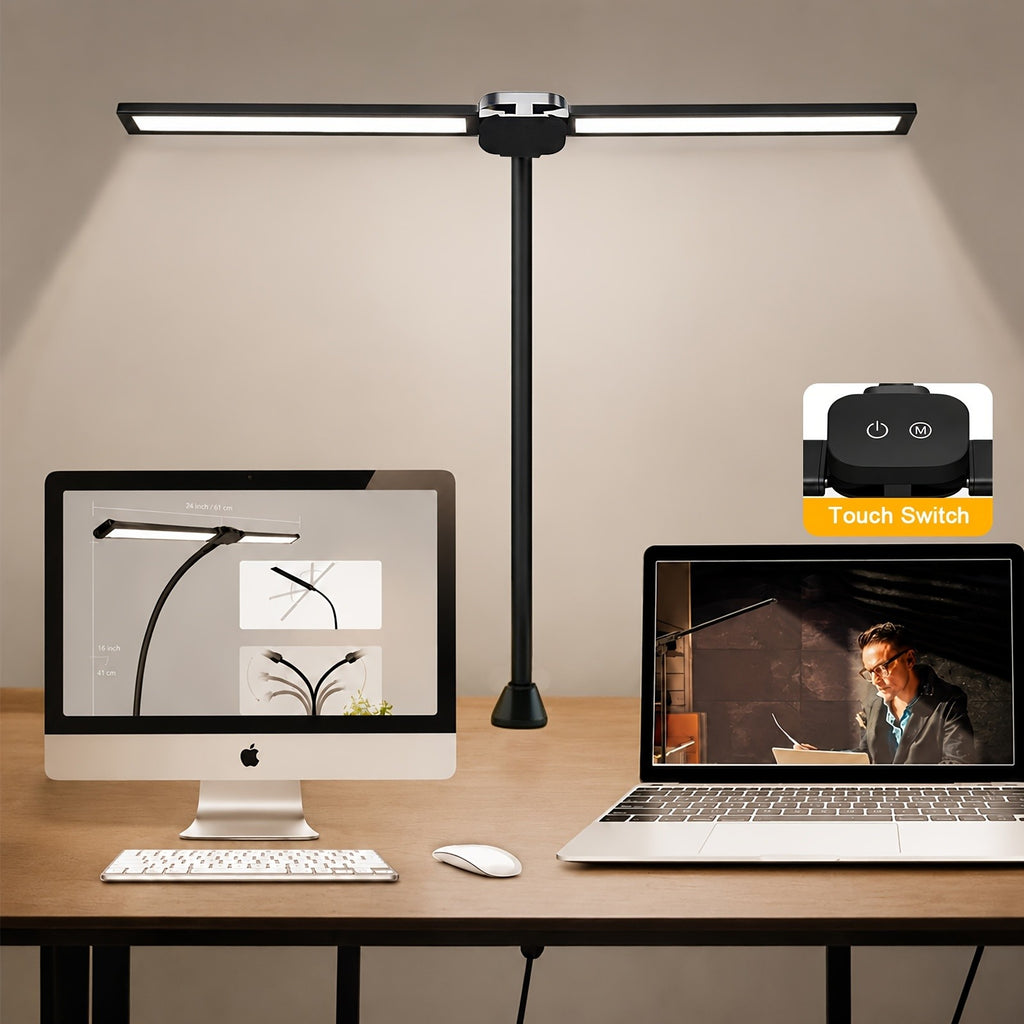 Dual Head LED Desk Lamp Touch Dimmable Gooseneck with Clip & Base USB 13W 3 Color Modes 10 Brightness Levels for Home Office Study Gaming