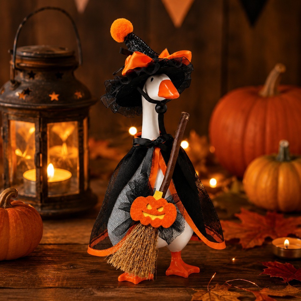 Witch Goose Dress-Up Set 4 Piece – 7-Inch Halloween Goose Statue Costume with Black Mesh Cape, Hat, Lining & Pumpkin Broom | Tabletop Goose Decor Outfit for Indoor & Porch Decoration