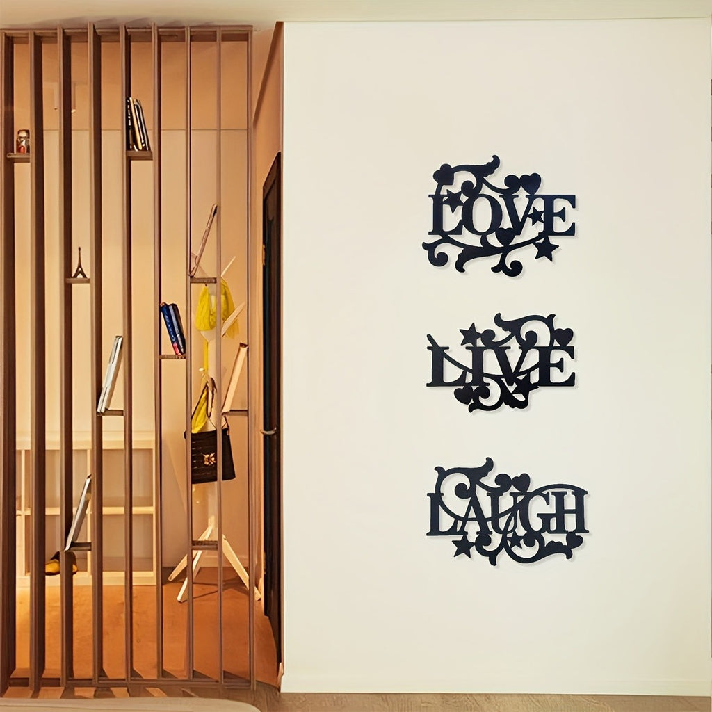 3-Piece Metal Wall Art Set – Love Life Laughter Letter Sign Silhouette | Modern Elegant Black Wall Decor for Living Room, Bedroom & Kitchen | Stylish Home Art Decoration