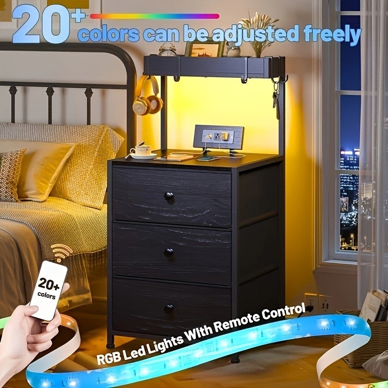 Tall Nightstand with Charging Station LED Lights 3 Fabric Drawers Shelves USB Ports Outlets Oversized Tabletop 4 Hooks Bedside Table for Bedroom Storage