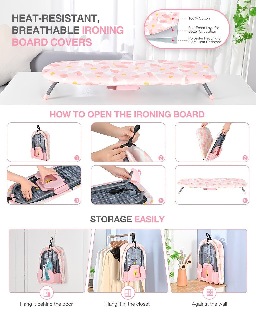 Tabletop Ironing Board with Iron Holder & Non-Slip Feet, Compact Portable Ironing Board with Heat-Resistant Cover for Small Spaces, Dorms and Travel, Space-Saving Design, Pink