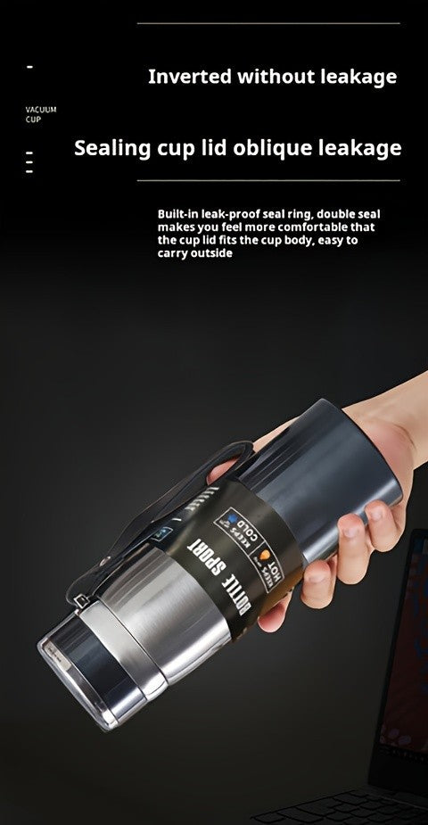 316 Stainless Steel Insulated Water Bottle 800ml/27oz with Carrying Sling - Keeps Cold 24 Hrs & Hot 10 Hrs, Portable Travel Bottle for Camping Hiking Driving, Gradient Blue Red Steel