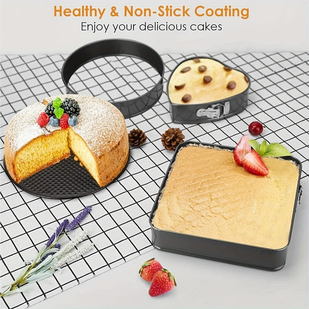 Springform Cake Pan Set 6pcs Nonstick Carbon Steel – Heart, Round & Square Cheesecake Pans 7–11 Inch with Removable Bottom for Mousse, Cheesecake & Layer Cakes