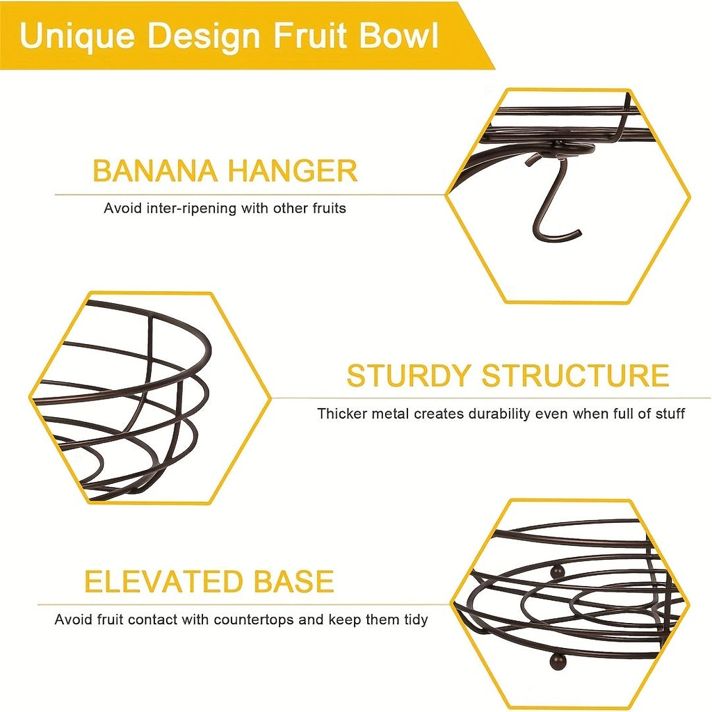 2-Tier Countertop Fruit & Vegetable Basket Bowl Rack with Banana Hooks – Space-Saving Kitchen Storage for Fruits, Vegetables, Bread & Snacks