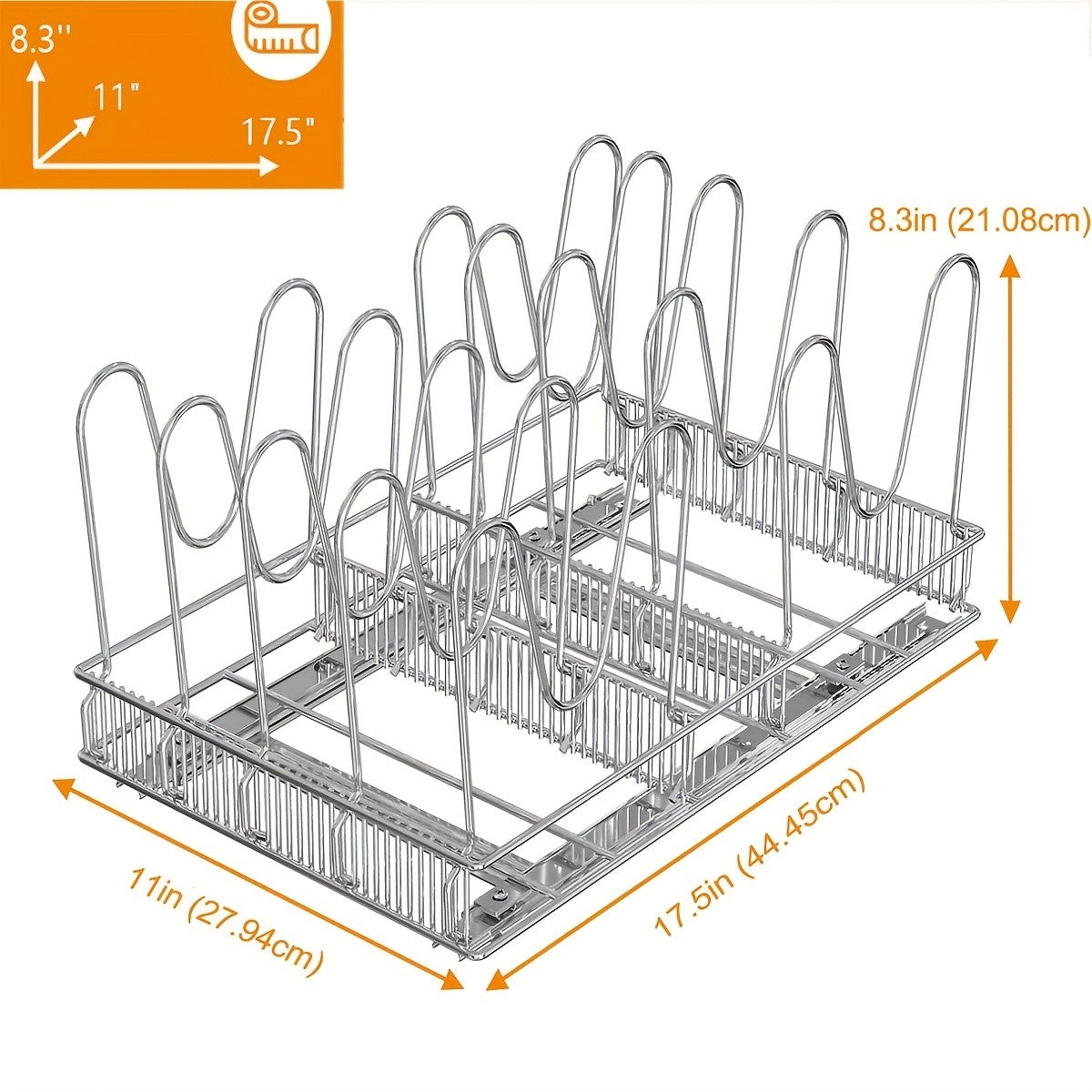 Pots & Pans Organizer Rack for Under Cabinet – 10 Adjustable Dividers, Pull-Out Chrome Steel, for Pot Lids, Cutting Boards & Bakeware, 11” W × 17.5” D × 8.3” H