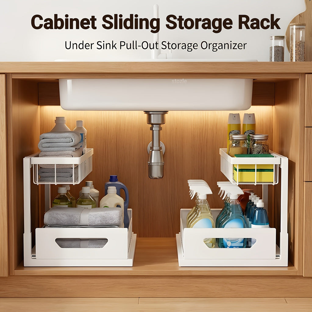 Under Sink Organizer 2-Pack 2-Tier Slide-Out Pull-Out Cabinet Shelf - Heavy Duty Carbon Steel with Adjustable Compartments for Kitchen, Bathroom, Pantry & Closet Organization