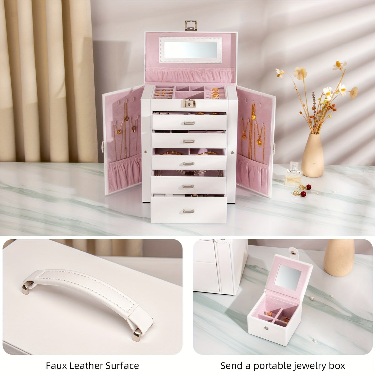 Jewelry Box with Lock & Mirror, Large 6-Tier Jewelry Case with 5 Drawers, Lockable Jewelry Storage Organizer for Women, Girls & Loved Ones — Jewelry Armoire Gift
