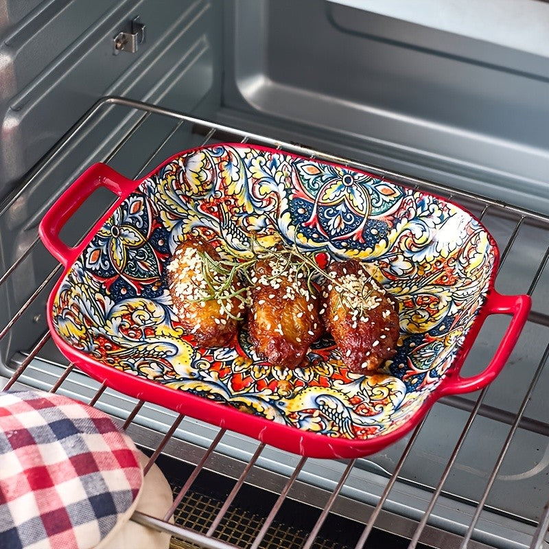 Bohemian Square Plate Set 4 Piece 9 Inch with Handles – Creative Ceramic Fruit & Pasta Dishes Microwave & Oven Safe – Aesthetic Boho Dinnerware Gift