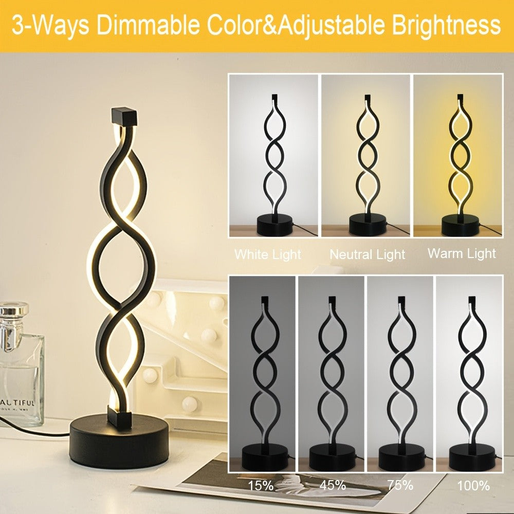Spiral LED Table Lamp Dimmable 3-Color Modern Minimalist Bedside Lamp - Creative Wave Design Desk Lamp with Metal Base & USB Charging, Small Night Lamp for Bedroom, Living Room, Office & Study