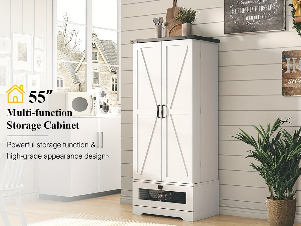 55 Inch Pantry Cabinet Kitchen Storage Cabinet with Adjustable Shelves and Drawer Wooden Buffet Cupboard for Kitchen Living Room Bathroom Dining Room Black White Brown