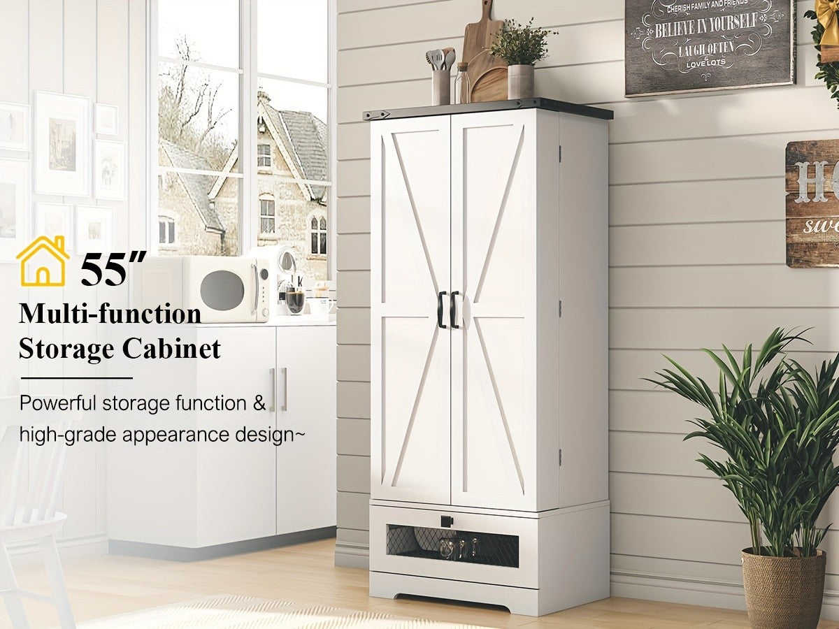 55 Inch Pantry Cabinet Kitchen Storage Cabinet with Adjustable Shelves and Drawer Wooden Buffet Cupboard for Kitchen Living Room Bathroom Dining Room Black White Brown