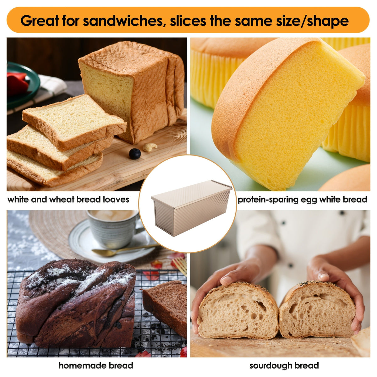 Nonstick Loaf Pan with Lid Carbon Steel Pullman Bread Pan – 9.5 & 10.5 & 13-Inch Homemade Bread Baking Pan with Bread Bags for Sandwiches & Toast