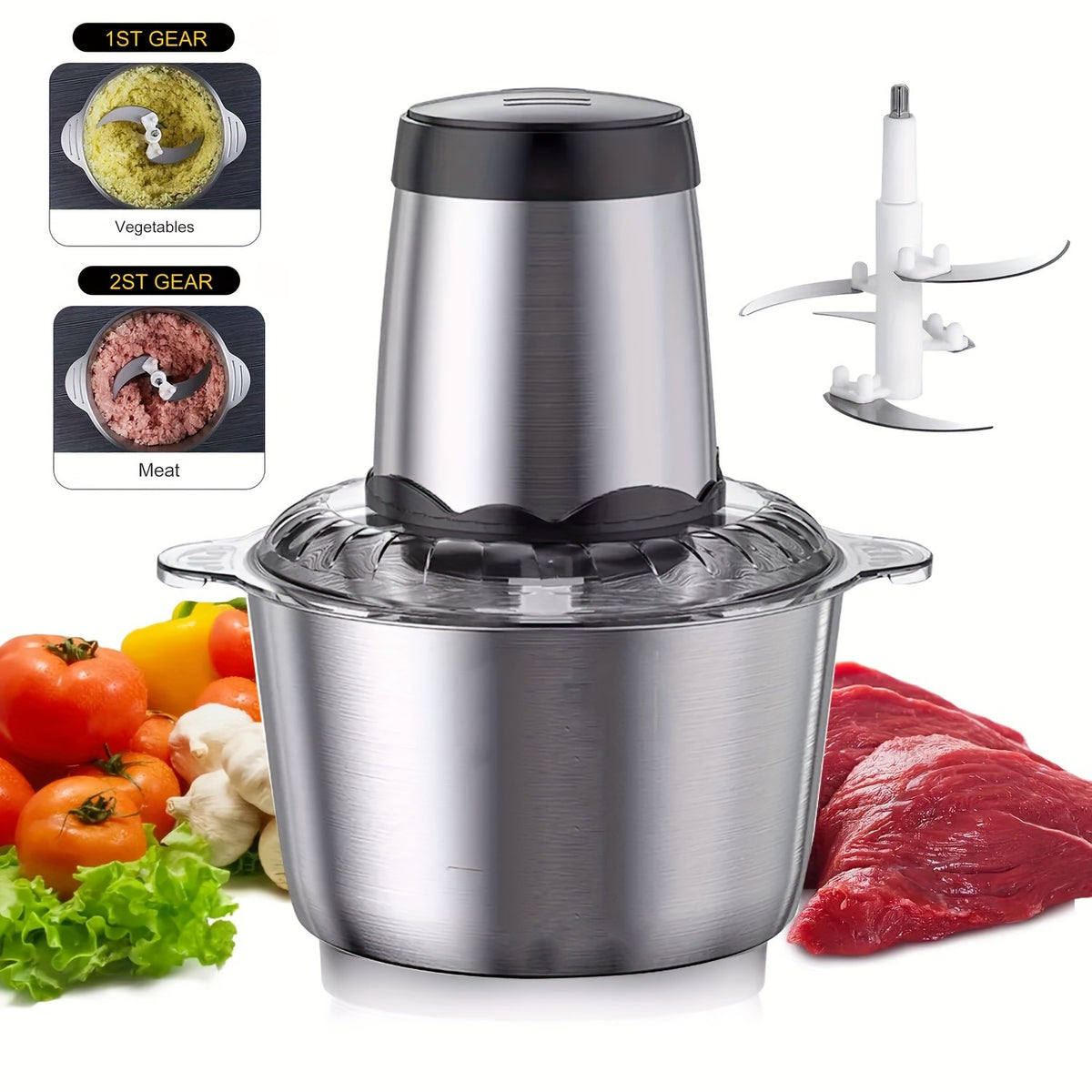 300W Electric Food Chopper & Meat Grinder, 2L, 4 Bi-Level Stainless Steel Blades, 2 Speed Modes, Low Noise — Chops Meat, Vegetables, Fruits, Nuts & Herbs, Easy Clean