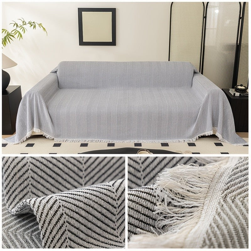 Herringbone Sofa Cover with Tassels – Washable Polyester Throw for 3-Seater, 4-Seater & Large Sofas | Grey, Coffee, Green