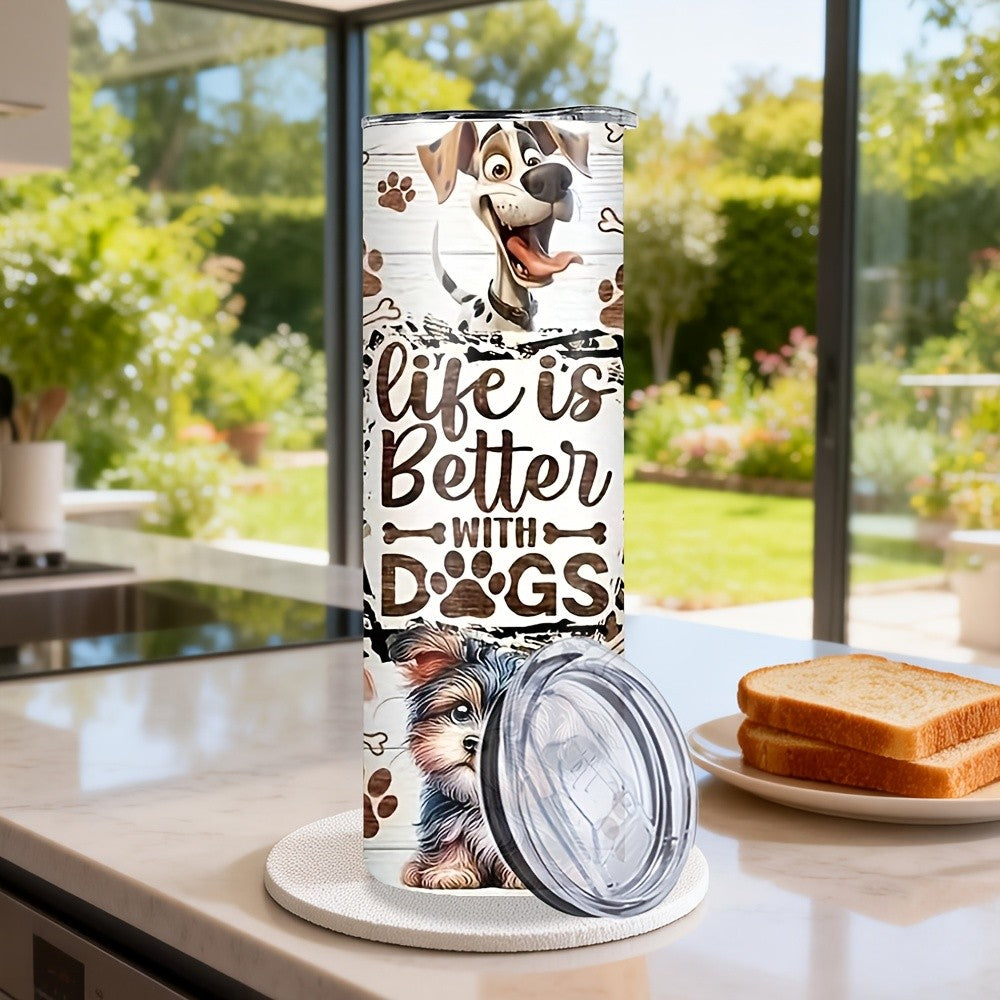 Stacked Dogs Graphic Insulated Tumbler 20oz - Stainless Steel Travel Cup with Lid & Straw for Hot & Cold Drinks, Cute Dog Lover Gift for Birthday, Halloween, Thanksgiving & Christmas