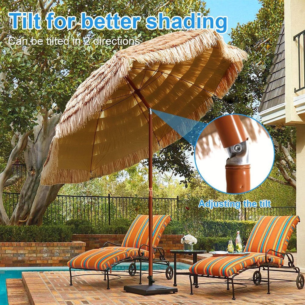 7.5 Foot Tropical Thatch Tiki Outdoor Patio Umbrella UV Protection Push Button Tilt Manual Lift Steel Pole Iron Frame Poolside Garden Backyard