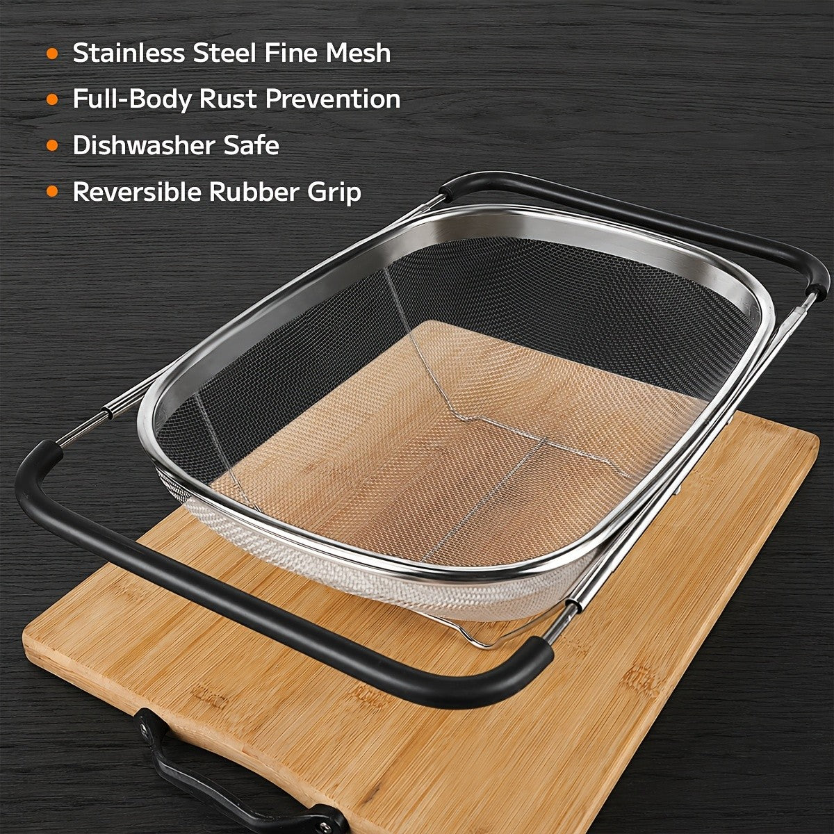 Expandable Over-the-Sink Stainless Steel Colander Strainer Basket – Fine Mesh with Rubber Grip for Draining Vegetables, Fruits & Pasta, Adjustable Sink Strainer, Small or Large
