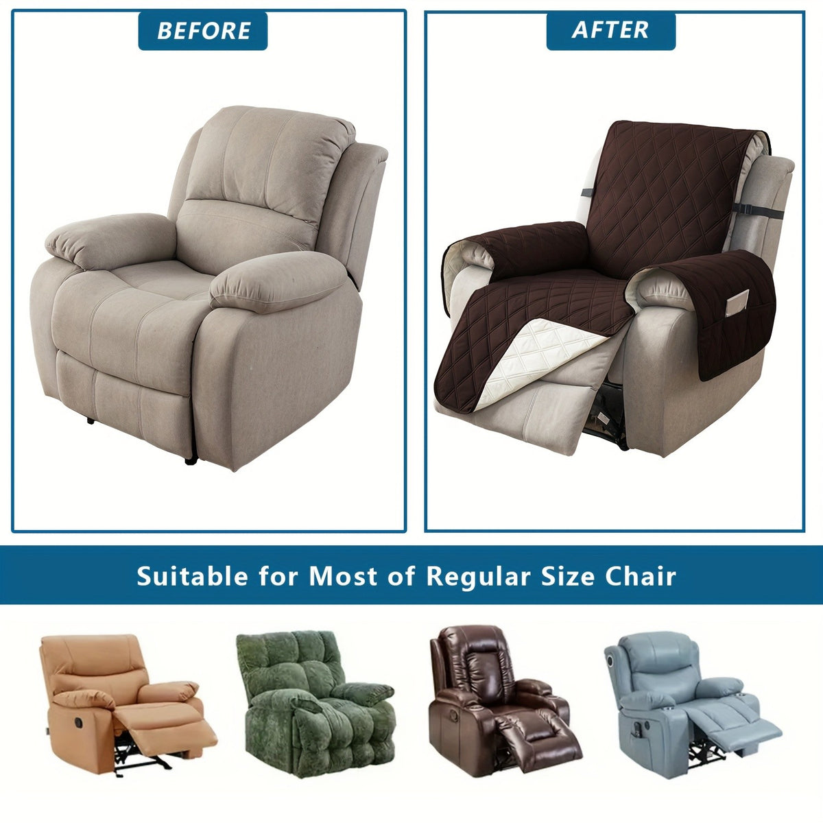 Quilted Recliner Sofa Cover Anti-Slip Wear-Resistant 4-Layer Fabric Dual Side Pockets Machine Washable Pet Home Bedroom Living Room 10 Colors 2 Sizes
