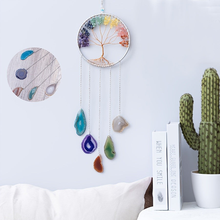 Crystal Dream Catcher Wind Chime Wall Art Handmade Rainbow Beads Tree Motif Boho Wall Hanging for Living Room Bedroom Wedding Christmas Gift
