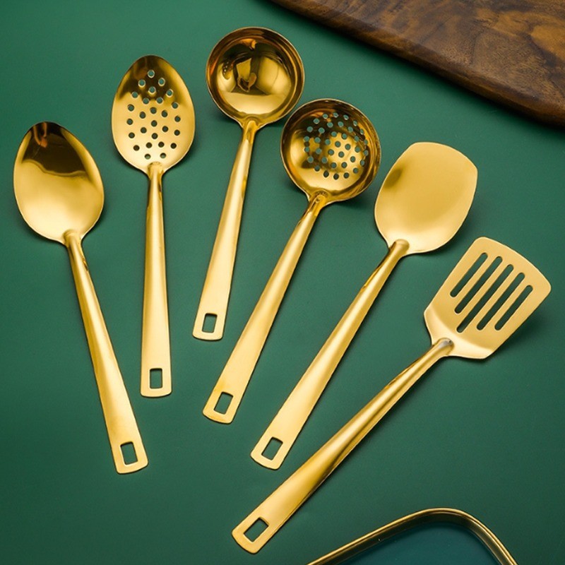6-Piece Korean Style Stainless Steel Kitchen Utensil Set Golden Plated Cooking Spoons Frying Spatulas Hot Pot Clips with Filters