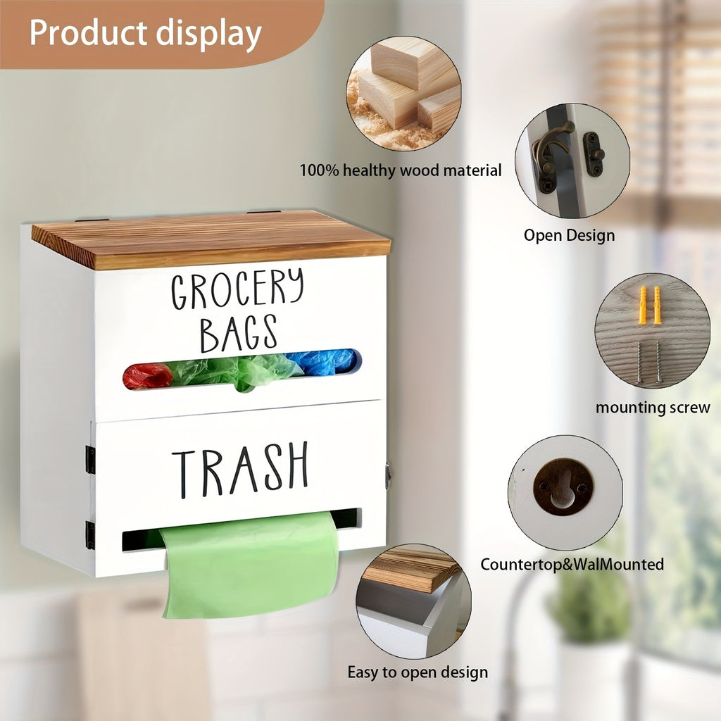 2-in-1 Wooden Garbage Bag Dispenser & Organizer - Wall-Mount or Cabinet Hanging Bag Holder for Kitchen & Bathroom, Large Capacity, White or Black