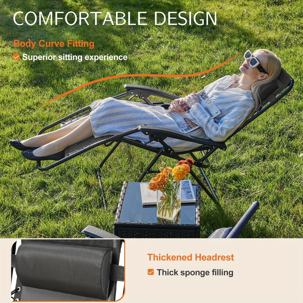 Zero Gravity Recliner Chair Outdoor Folding Lounge Chair 2 Pack – Beach Camping Patio Chair with Cup Holder, Adjustable Pillow for Poolside, Backyard & Lawn | Black, Blue