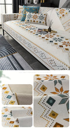 Embroidered Chenille Sofa Slipcover Bohemian Geometric Floral Pattern | Non-Slip Machine Washable Couch Cover for 1-2-3-4 Seater with Armrest & Pillow Cover Options, 6 Colors