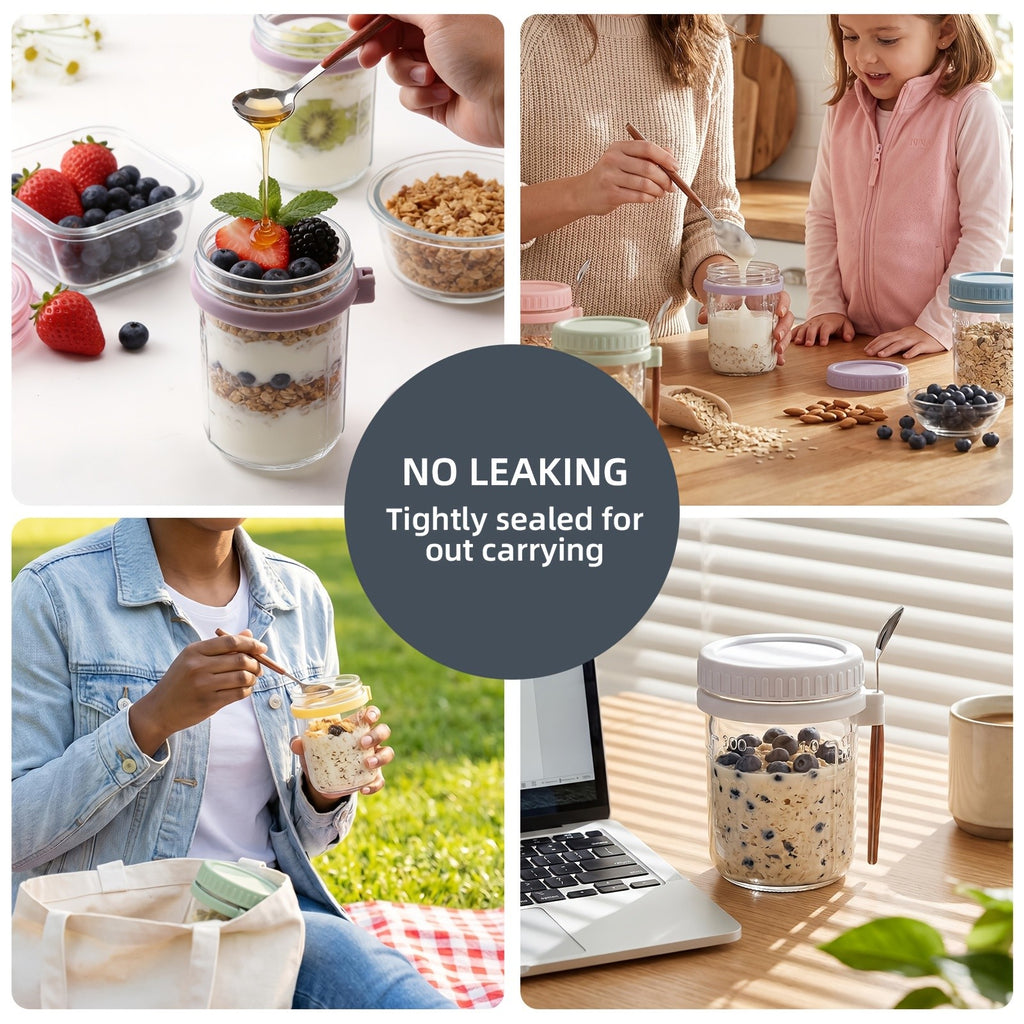 Overnight Oats Containers with Lids and Spoons – 16 oz Airtight Glass Mason Jars for Meal Prep, Breakfast, Milk, Cereal & Fruit | 4-Pack & 6-Pack