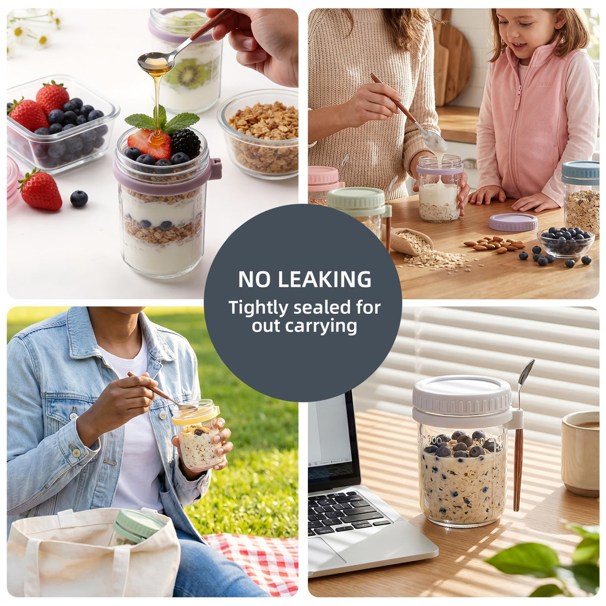 Overnight Oats Containers with Lids and Spoons – 16 oz Airtight Glass Mason Jars for Meal Prep, Breakfast, Milk, Cereal & Fruit | 4-Pack & 6-Pack