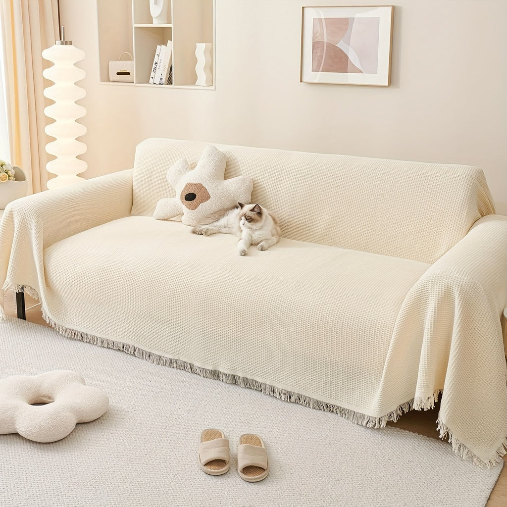 Tassel Sofa Cover Scratch-Resistant & Breathable, Multifunctional Boho Couch Cover Slipcover for All Seasons, Easy-Fit Fashionable Settee Throw Cover for Living Room Sofa