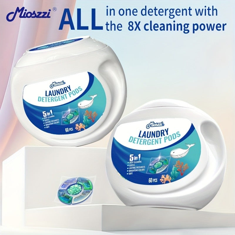 5-in-1 Laundry Detergent Pods, Ocean Breeze Scent, 8X Cleaning Power – HE Compatible Stain & Odor Eliminator Liquid Capsules, Fabric Safe, 60 / 120 Count