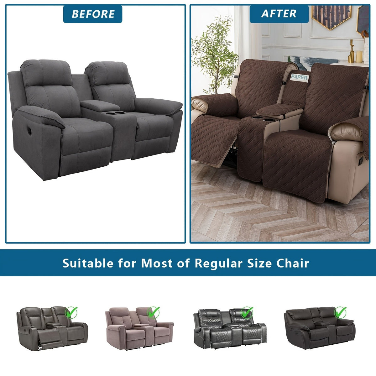 Recliner Loveseat Cover with Console 4-Piece Chenille Quilted Waterproof Slipcover | Non-Slip Pet Scratch Resistant Sofa Protector with Cup Holder Pocket, 9 Colors