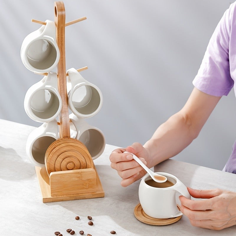 Ceramic Coffee Cup Set with Wooden Coaster and Cup Holder – 6 Piece 200ml 6.8oz for Latte Cappuccino Espresso Tea, Home Office Cafe Gift