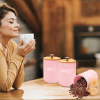 Airtight Storage Canister Set of 3 with Bamboo Lid & Metal Base - Stackable Kitchen Pantry Jars for Tea, Coffee, Spices, Nuts, Grains & Dry Goods, Pink Canister Set
