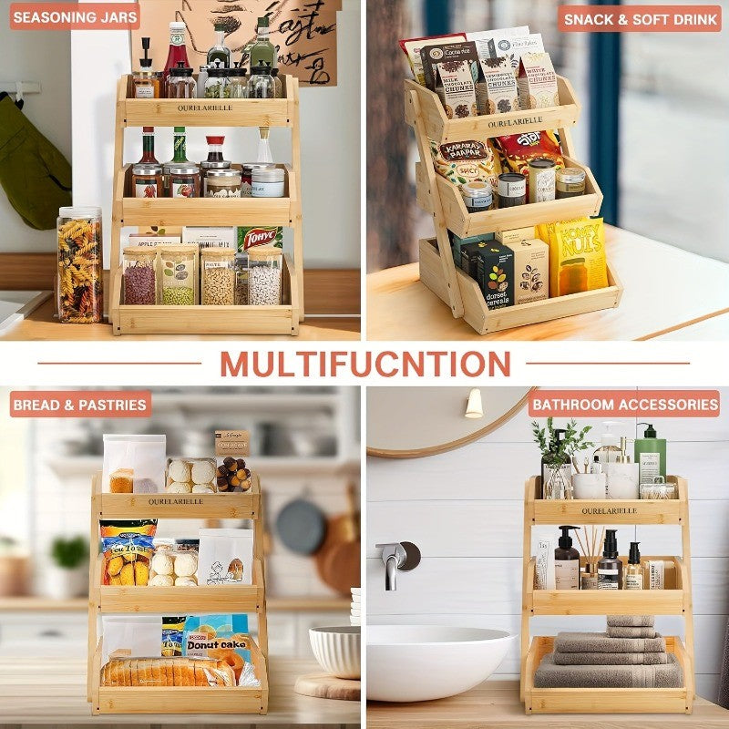 3 Tier Bamboo Fruit Basket Rack Large Capacity Countertop Kitchen Storage for Fruits Vegetables & Bread – Natural Wood Ventilated Design