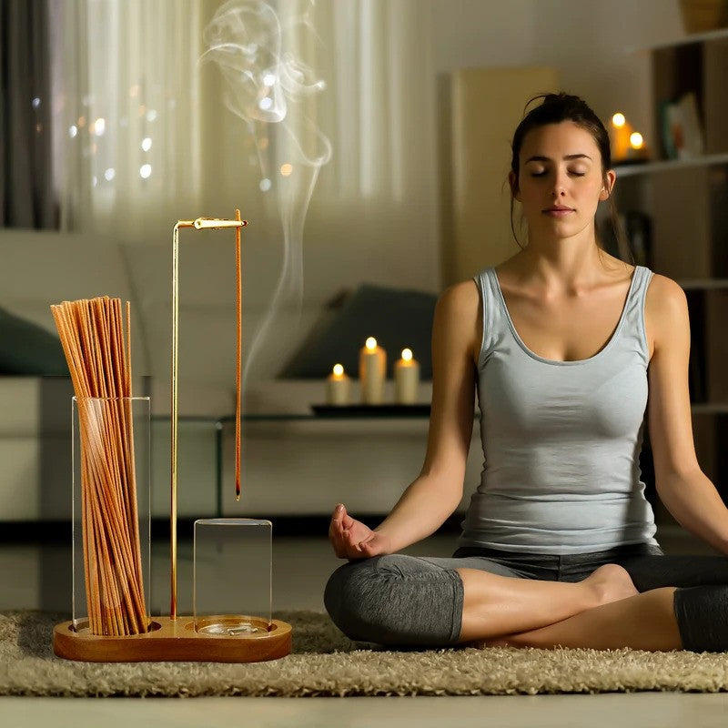 4-Piece Minimalist Glass Incense Holder Set with Wooden Base – Transparent Zen Style Ash Catcher for Yoga, Meditation & Home Decor