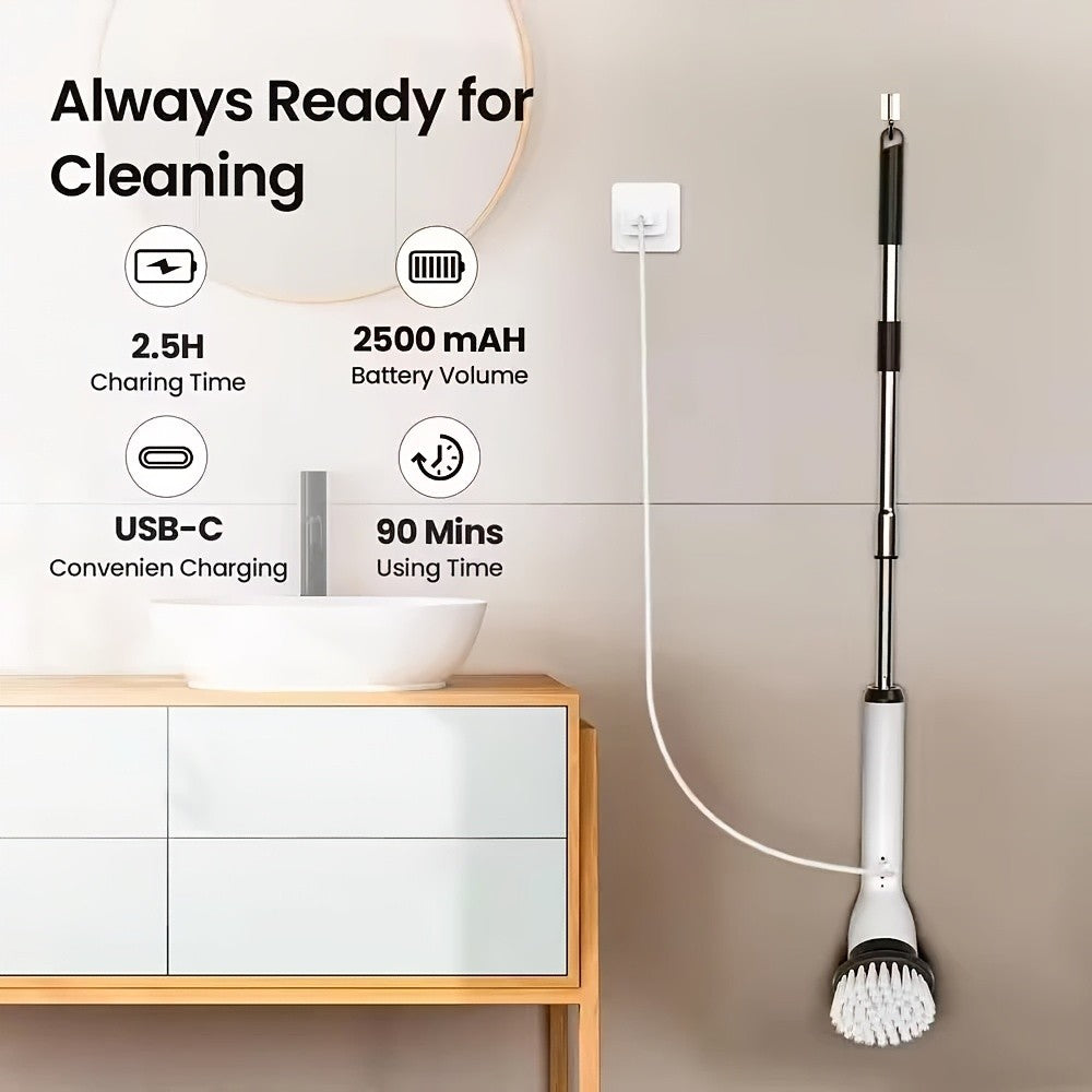 9-in-1 USB Rechargeable Electric Rotating Cleaning Brush – 8 Brush Heads + Gap Brush, 2-Hour Runtime, Telescopic Handle for Bathtub, Tile, Floor & Car