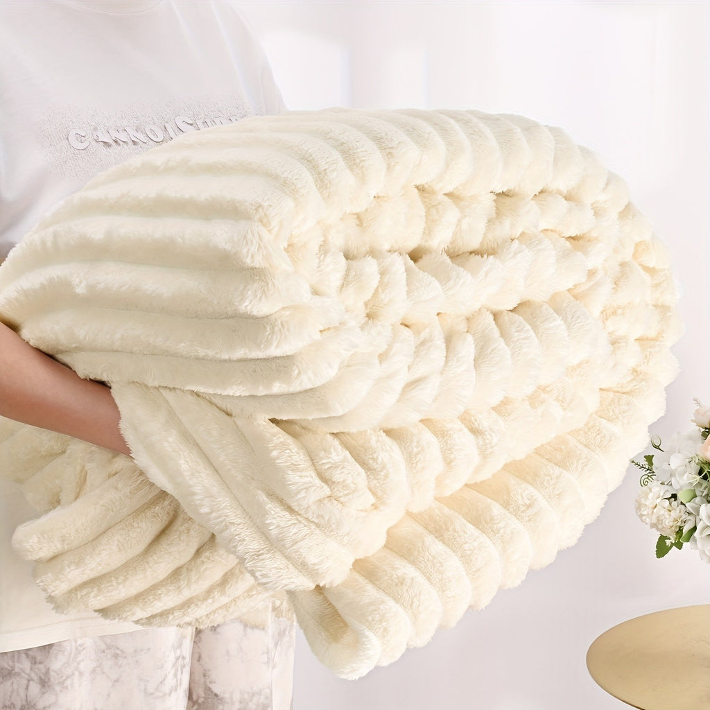 Fuzzy Fleece Fitted Sheet Plush Warm Winter Bedding Stripe Rabbit Fur Soft Thickened Bed Cover Machine Washable Twin Queen King Dark Gray Beige Space Gray