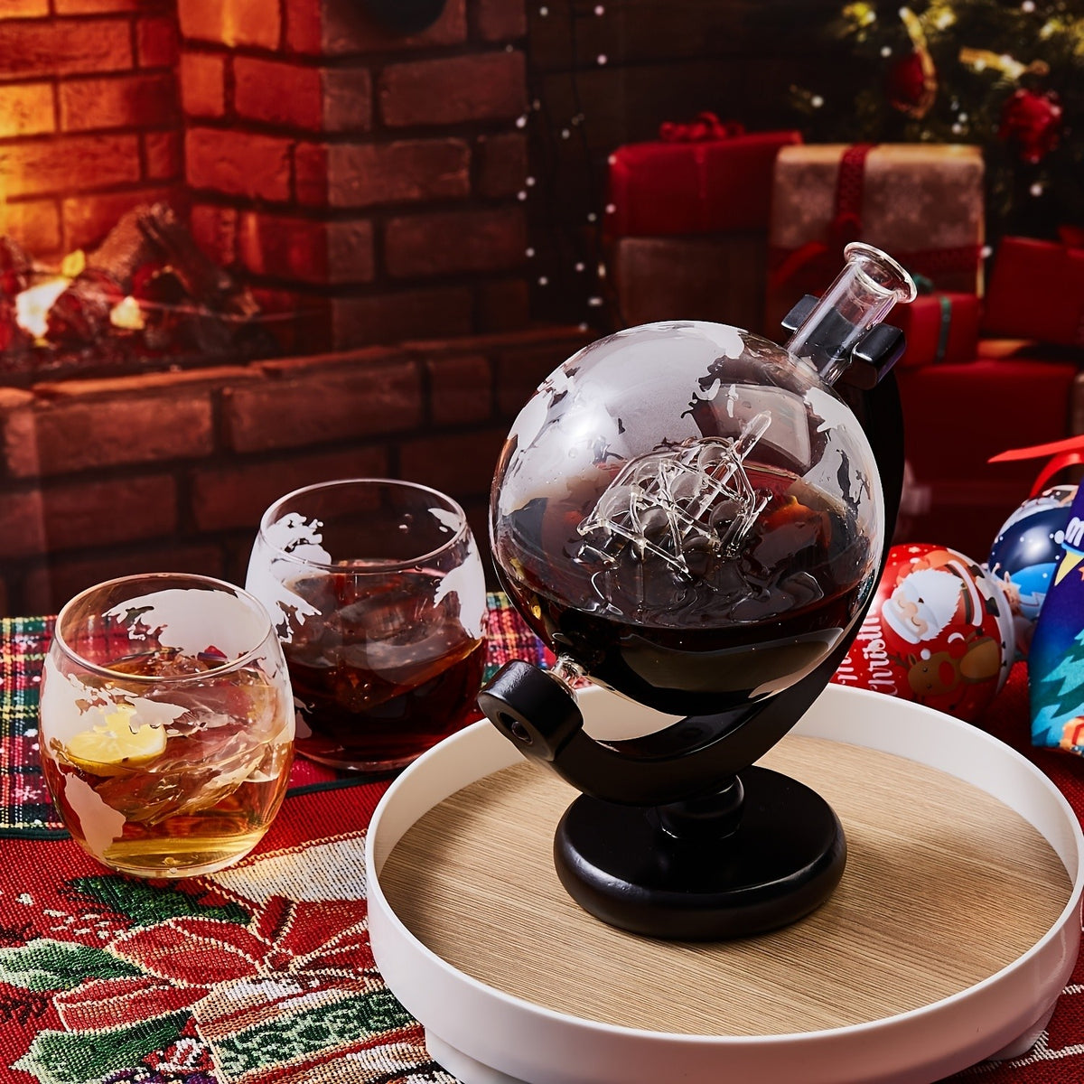 Whiskey Decanter Set with Glasses and Wooden Stand Globe Decanter Ball or Sailboat Design Gift for Whiskey Lovers Birthdays Weddings Anniversaries