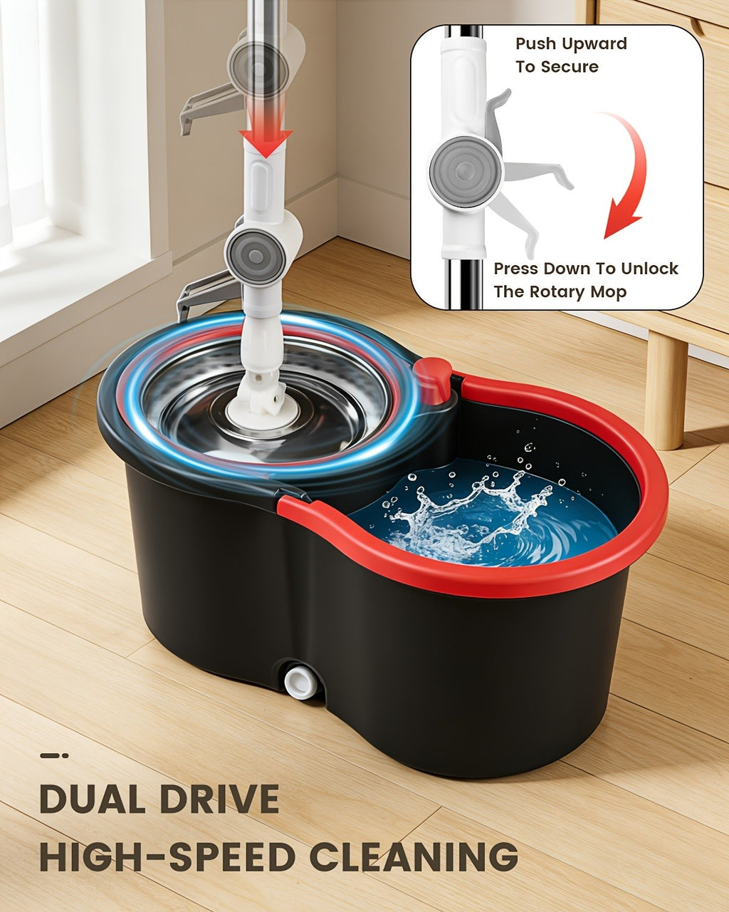 Spin Mop and Bucket Set with Wringer, 360° Dual-Drive Wringing System, 3 Microfiber Mop Heads for Hardwood Tile Marble Laminate Floor Cleaning